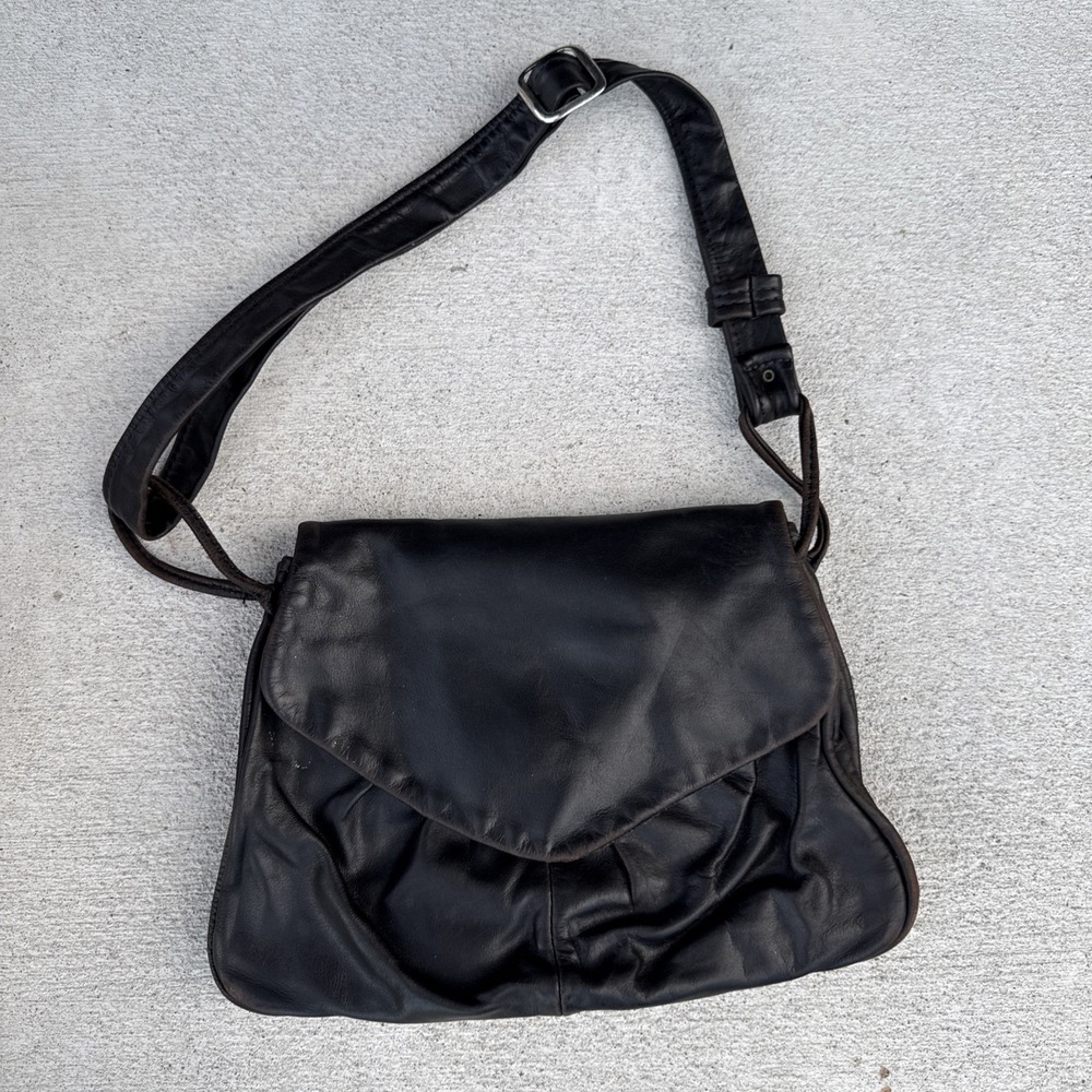 Vintage 40's? Genuine Black Brown Leather Shoulder Bag With Talon Zipper